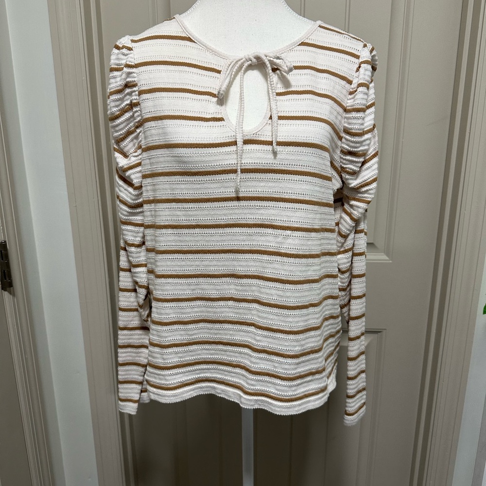 LOFT White and Tan Striped Long Sleeve Top